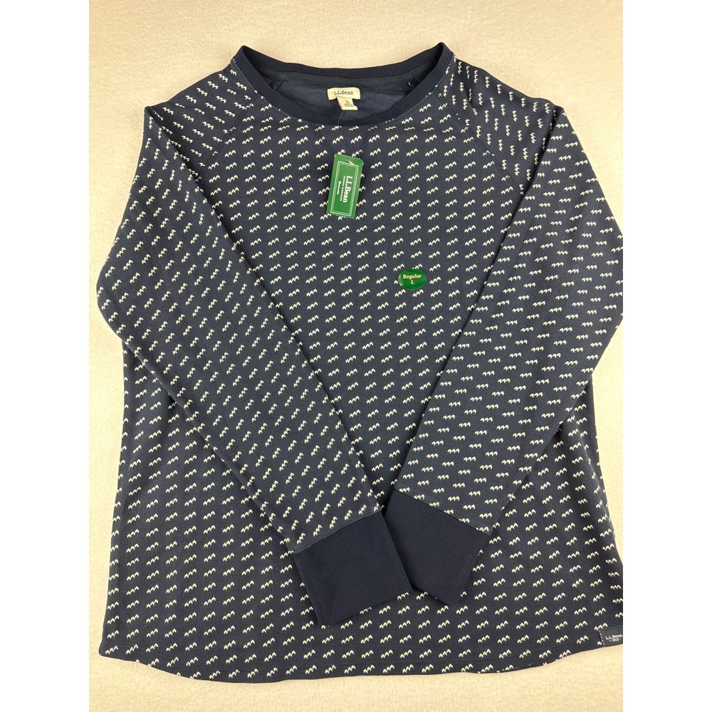 LL Bean Womens Unshrinkable Waffle Crew Long Sleeve Navy Bird Print Top L 520983